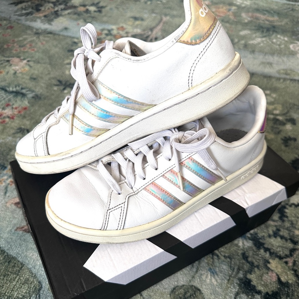 Adidas “Grand Court” Leather Shell top with Iridescent Stripes